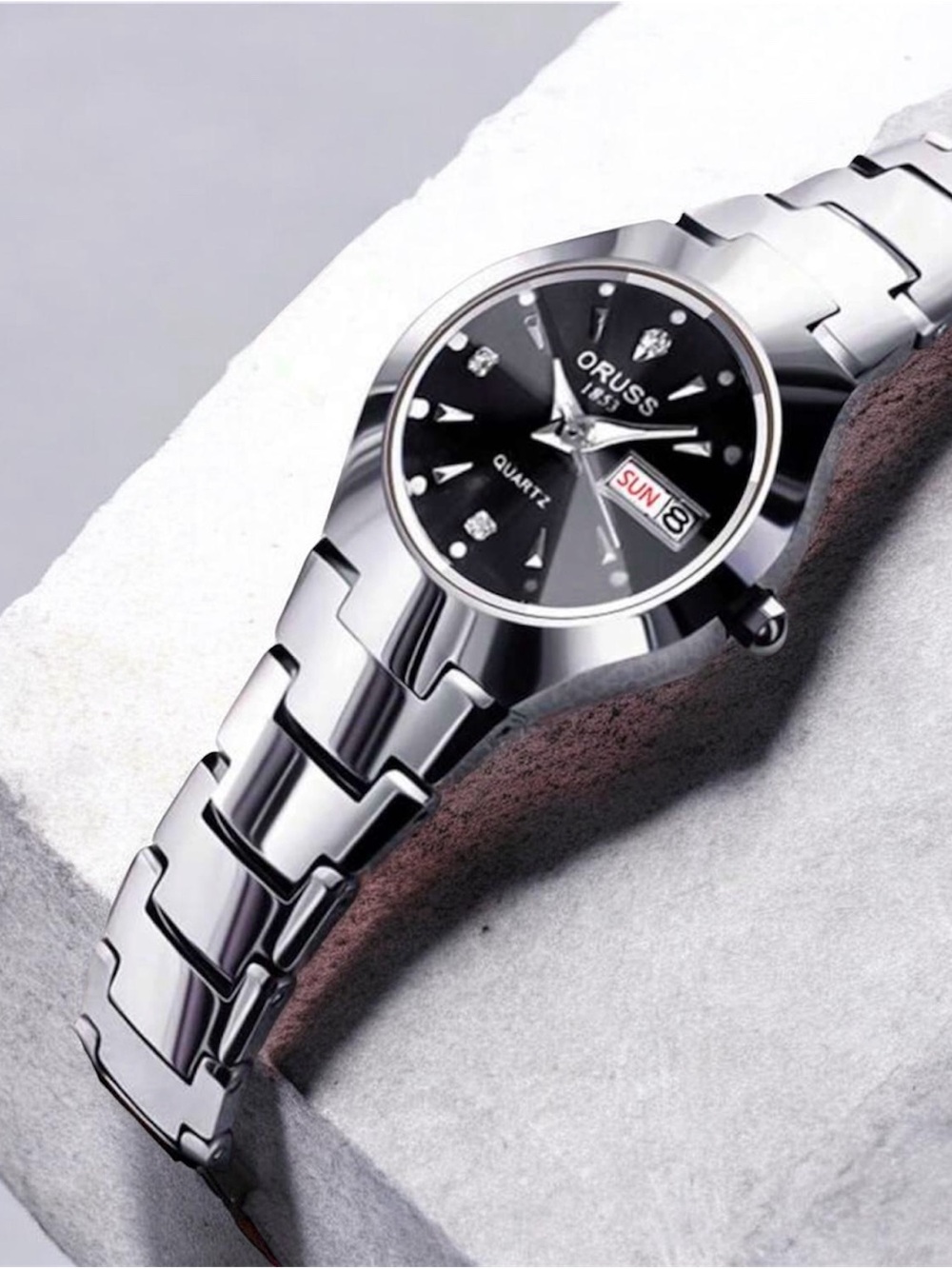 ORUSS Silver Women’s Stainless Steel Watch with Black Dial